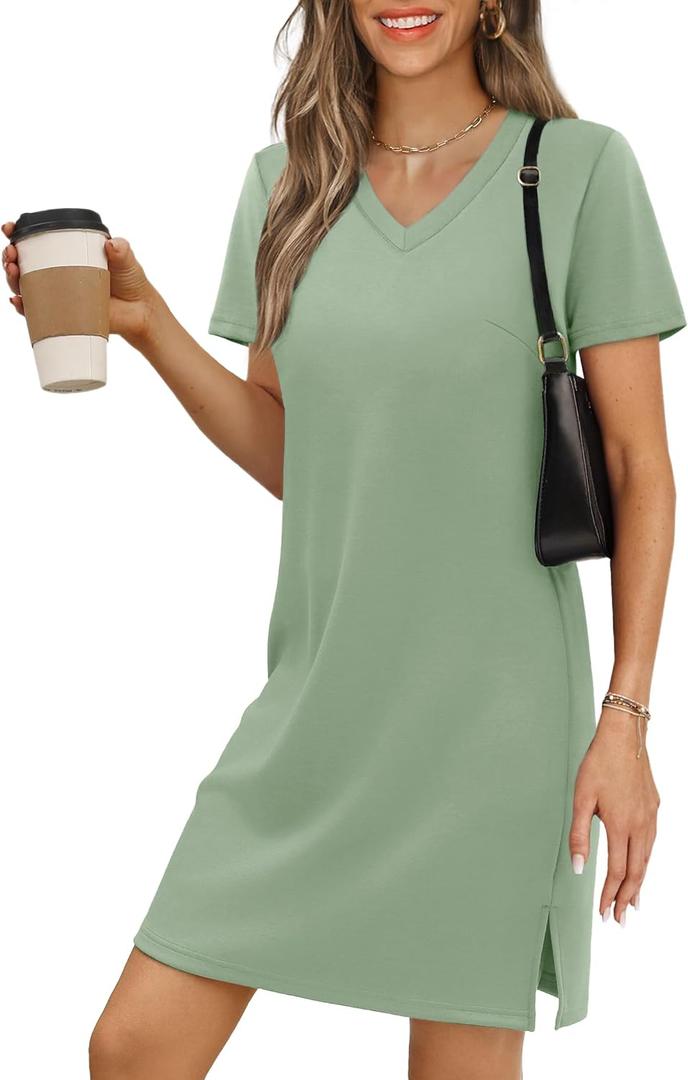 RUMIA Summer Casual Dresses for Women 2025 Mini Vacation Dress V-Neck Short Sleeve Split Hem Beach Sundress(Sage M)