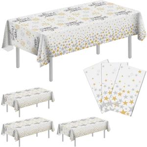 3 Pack Fireworks White Plastic Table Cloth Rectangle 54 x 108 inch Plastic Tablecloth Disposable Rectangle Leakproof for Parties, Picnic, Camping, Birthday, Weeding