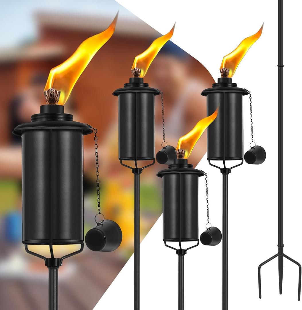 Home Garden Torch Set of 4, 16oz Outdoor Metal Torch Garden Dcor, 59-Inch Upgraded Citronella Torches with 3-Prong Grounded Stake, Metal Light Torches for Party Patio Pathway