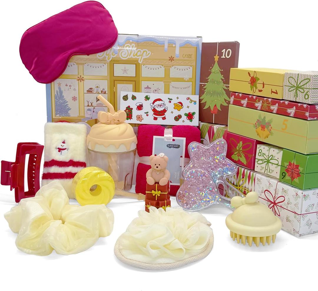 Advent Calendar 2025 for Women 12 Days of Spa Christmas Countdown Calendar Gift Set for Mom Wife Girlfriend Sister Her with Cup Bath Bombs Scented Candle Fuzzy Socks