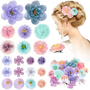 BBTO 21 Pcs Flower Hair Clip Rose Hair Clips Barrettes for Women Flower Accessories Boho Bride Claw Clip Hairpin Brooch Pin Headpiece for Wedding (Blue,Purple)