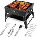 Portable BBQ Charcoal Camping Grill: Tabletop Folding Barbecue Grills with Stainless Steel BBQ Grilling Tool Set, Fathers Day Birthday Grilling Gift for Men Dad Husband