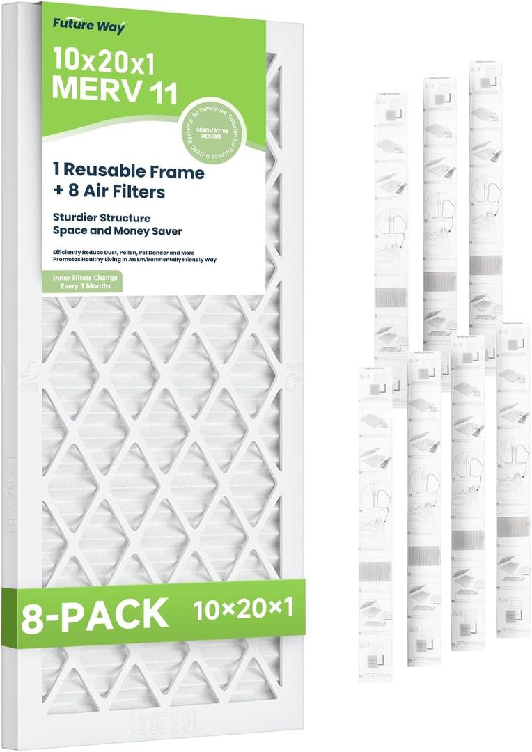 Future Way 10x20x1 Air Filters, 8-Pack with Reusable Frame, MERV 11, MPR 1000 AC Furnace Filters, Space Saving & Cost-effective