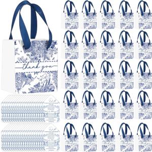 Kolldenn 50 Pack Small Blue White Thank You Gift Bags Bulk 4.33 x 3.94 x 2.76 Chinoiserie Floral Paper Bags with Handles Cards for Wedding Guests Birthday Party Bridal Baby Shower Favor Business
