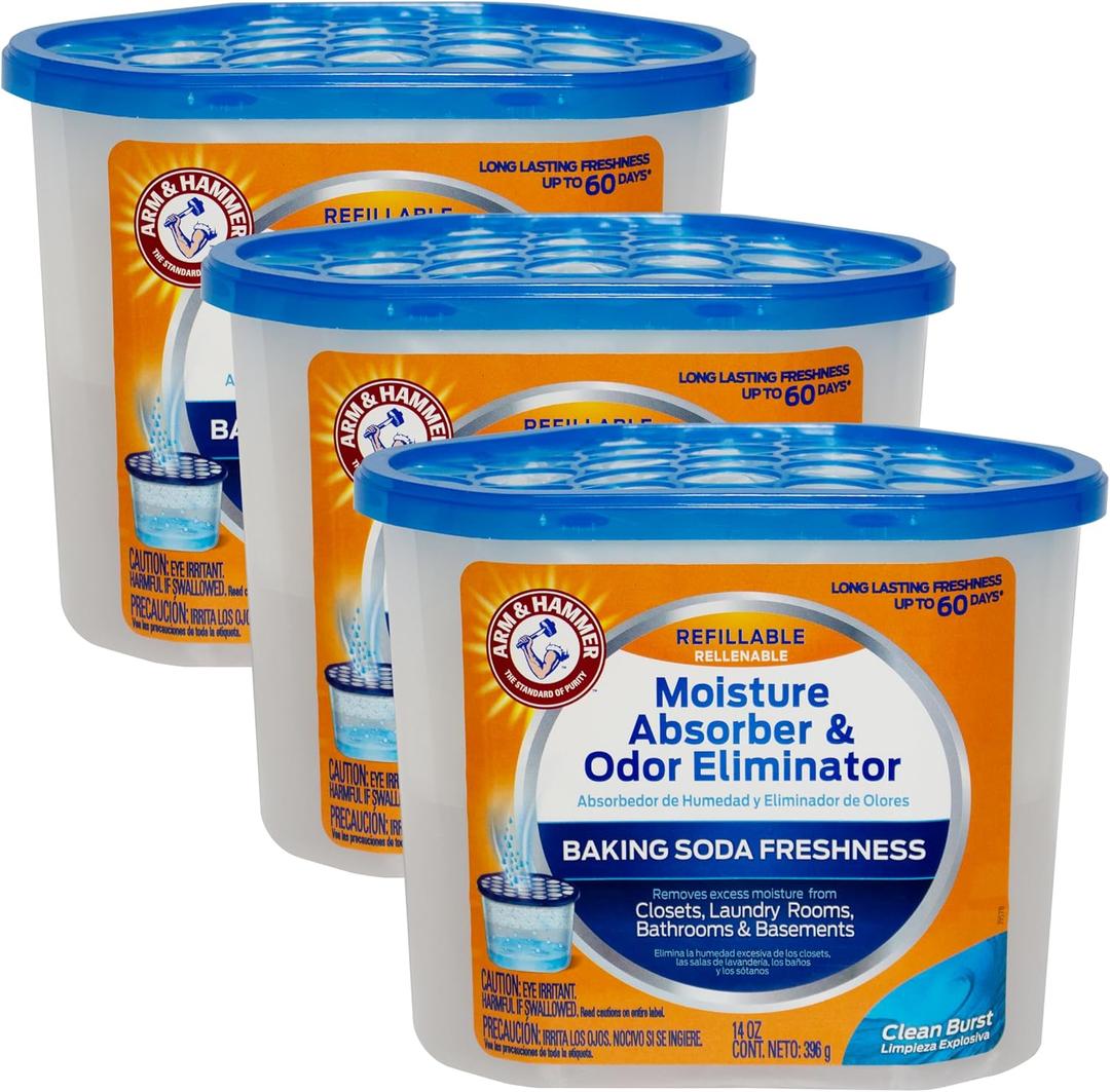Arm & Hammer Clean Burst Moisture Absorber and Odor Eliminator Tubs, 14 oz., 3 Pack, Attract and Trap Excess Moisture, Eliminate Musty Odors, Convenient and Effective, MFG Date: 11/29/2023