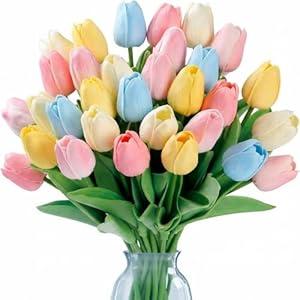 Hotop 40 Pcs Artificial Tulips Faux Tulips PU Real Look Latex Tulip Artificial Plastic Flowers Fake Bouquet for Easter Decoration Spring Dining Table Centerpiece 13" Tall(Classic)