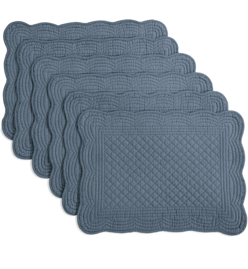 HOMBYS Quilted Placemats Set of 6 Washable-13x18 inches Rectangular Placemats for Kitchen Table-100% Cotton Fabric Rectangular Table Mats, (Blue)