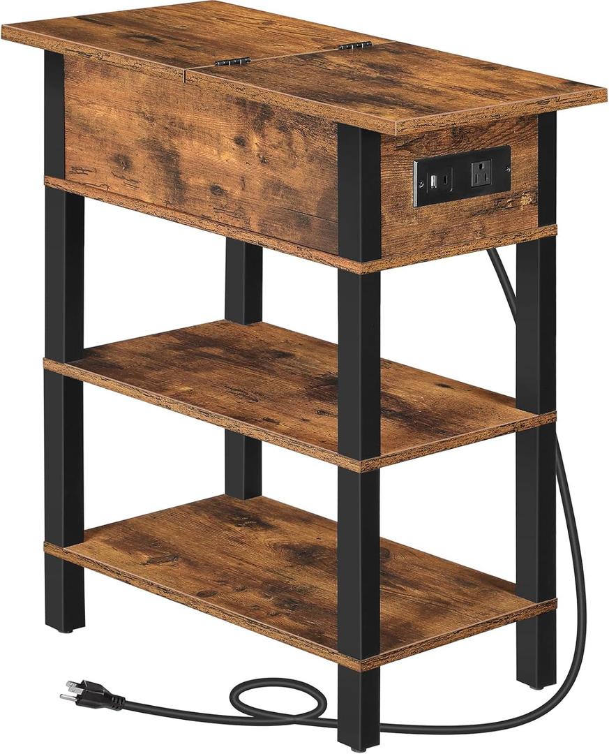 HOOBRO End Table with Charging Station, Flip Top Side Table with USB Ports, Narrow Nightstand Bedside Tables with Storage Shelves, for Small Space, Living Room, Rustic Brown and Black BF141UBZ01