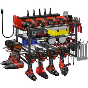 Power Tool Organizer Wall Mount with Charging Station - 6 Drill Holders - Heavy Duty Modular Rack for Garage, Tool Storage Organizer - Gifts for Dad, Men, Husband, Anniversary, Fathers Day