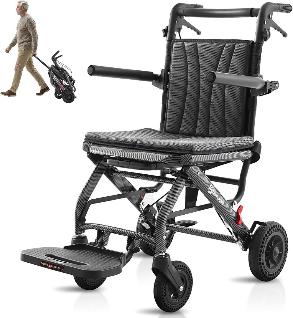 Whlicks Wheelchairs for Adults, Transport Lightweight Foldable Portable Shower Chair with Telescopic Handle, Travel Transfer Folding for Seniors Disabled Gray, 6'' Wheel 