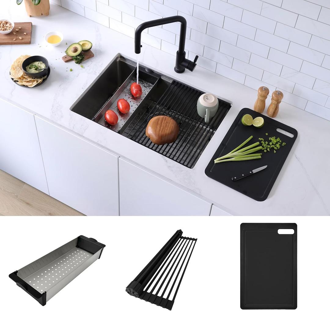 Stylish Workstation Kitchen Sink Accessory Kit Included Accessories Cutting Board Colander and Roll Up Drying Rack, A-918KIT