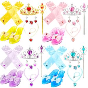 32 Pcs Princess Dress Up Set for Girls Includ 4 Pairs Heels Shoes and 28 Princess Accessories with Crown, Magic Wand, Gloves, Jewelry for Toddler Pretend Play Birthday