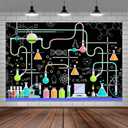 Chemical Science Fun Birthday Backdrop, Black Mad Scientist Chemical Experiments Party Decoration Background for Girl Boy, Colorful Beakers Measuring Cup Photography Background for School Class 10x8ft (Multi)