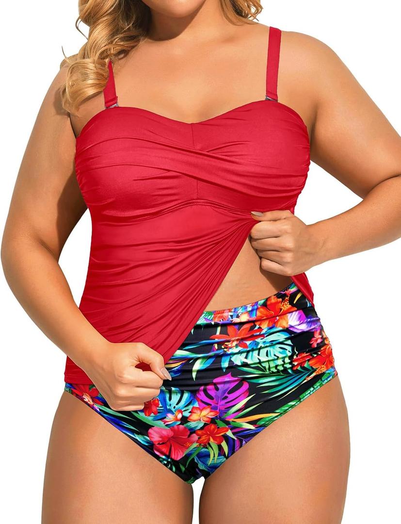 Aqua Eve Women Two Piece Plus Size Tankini Strapless Bathing Suits Bandeau Swimsuits with High Waisted Bottom (18 W, Red Floral)