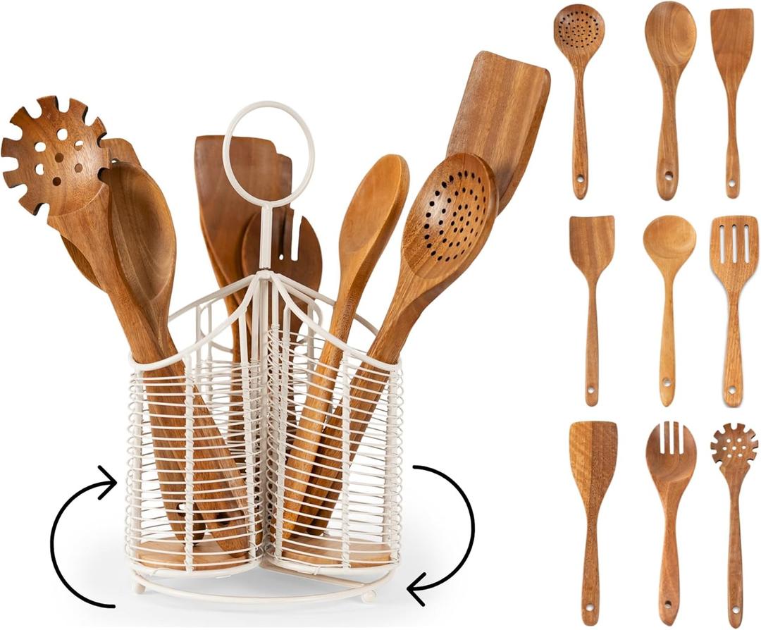 Rotating Utensil Holder with 3 Compartments & Cork Bottom  Premium Matte White Metal + 9-Piece Acacia Wood Kitchen Utensil Set  Countertop Organizer for Cooking Tools, Housewarming & Holiday Gifts