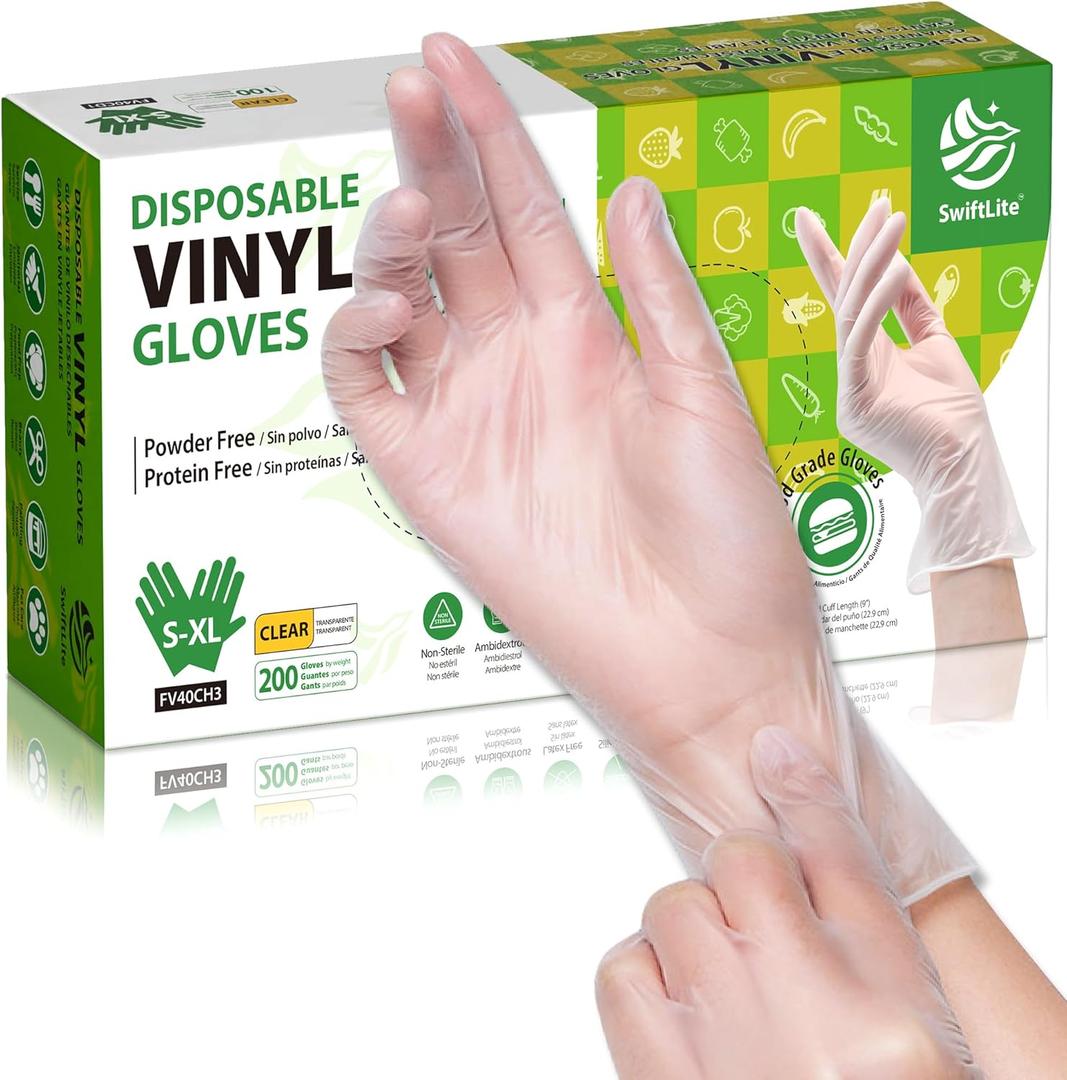 SWIFTLITE Disposable Vinyl Gloves, Food Safe, Latex-Free Powder-Free Clear Plastic Gloves for Cooking, House Clean, Food Prep S 200PCS