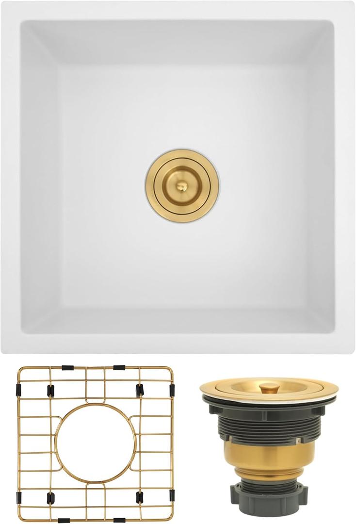 White Bar Sink Undermount,White Granite Composite Kitchen Sink 15 inch,15''x15'' Small Bar Sinks Undermount,Small Single Bowl Quartz Sinks with Accessories