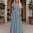 MEROKEETY Women's 2026 V Neck Short Sleeve Floral Lace Wedding Dress A Line Boho Bridesmaid Cocktail Party Maxi Dress (Blue, S)