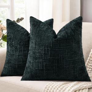 decorUhome Black Chenille Throw Pillow Covers 20x20 Set of 2 Thick Textured Slubby Couch Pillow Covers Farmhouse Accent Modern Neutral Decorative Pillow Cases for Bed Sofa Living Room