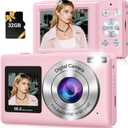 Digital Camera, 56MP 2.7K Dual-Screen Selfie Camera with 16X Zoom, 20 Filters & Anti-Shake, Portable Point and Shoot Digital Cameras with 32GB Card, Compact Travel Cameras for Beginners Teens Kids (Pink)