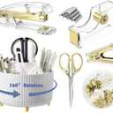 Desk Organizers and Accessories Set with 360-Degree Rotating Pen Holder, Acrylic Stapler, Tape Holder, Staple Remover, Binder/Paper Clips Kit, Scissor and 1 Box of Staples (Gold)