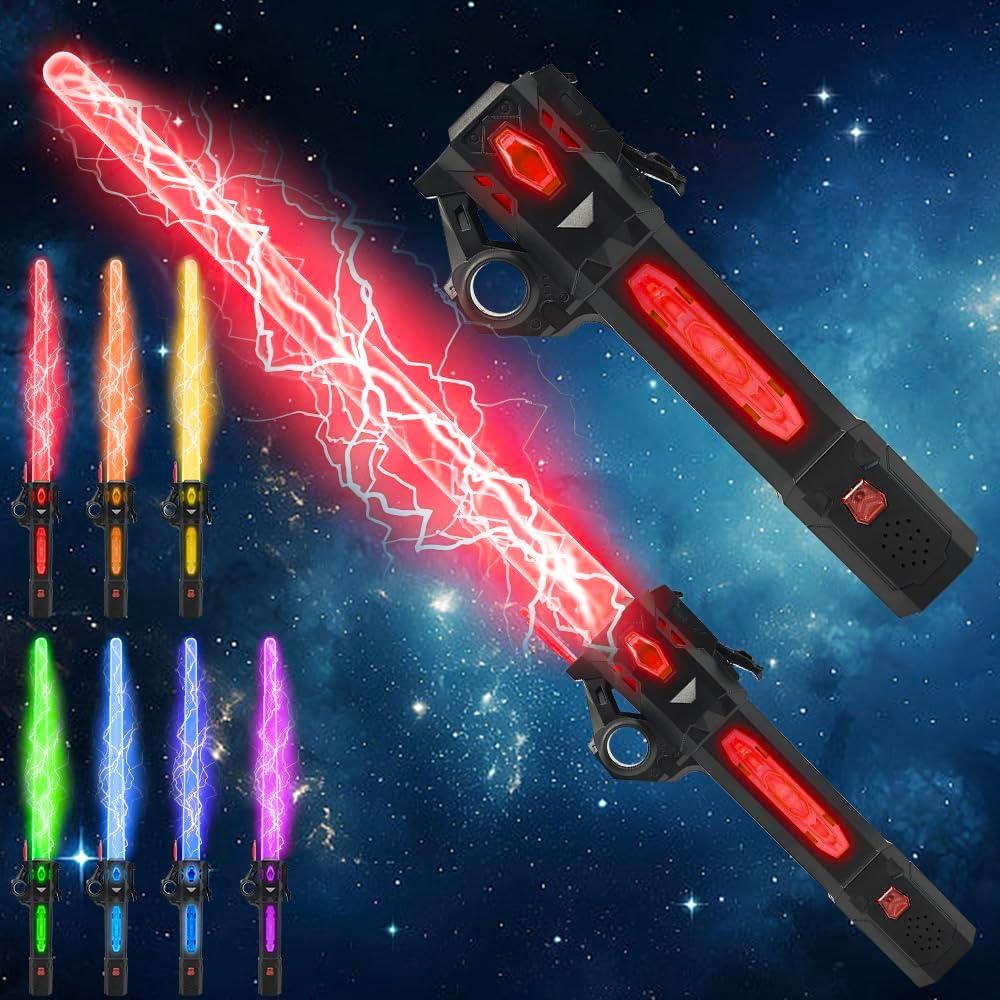 Light Up Sword, Flashing Dueling Sabers for Kids with FX Sound Retractable Blade, 7 Light Color War Warriors Weapon Toy, Cool Halloween Cosplay Costume Party Decoration Christmas Birthday Gift Black