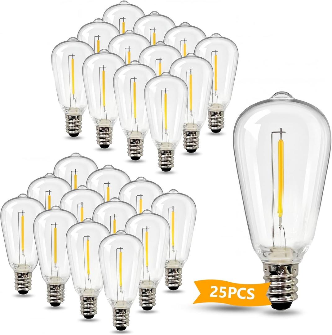 Abeja 25 Pack ST38 LED Replacement Bulbs, E12 LED Shatterproof 0.6W, 1 Watt Equivalent to 7 Watt Traditional Bulb, E12 Base String Light Bulbs for Outdoor Patio Garden String Lights, Warm White 2700K