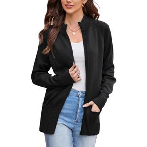 GRACE KARIN Womens Long Sleeve Zip Up Knit Cardigan with Pockets Stand Collar Full Zip Sweater Coats Trendy Fall Jackets (Small, Black)