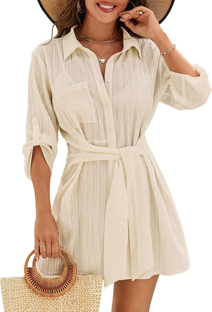 Blooming Jelly Womens Swimsuit Coverup Bikini Bathing Suit Cover Up Tie Side Beach Dress Shirt (Large, Beige)