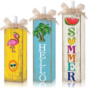 Yousoontic 3 Pcs Summer Table Block Signs Tropical Watermelon Flamingo Centerpiece Hello Summer Hawaiian Decorations for Tiered Tray Decor Home Office Kitchen Mantel Shelf Indoor (Tropical)