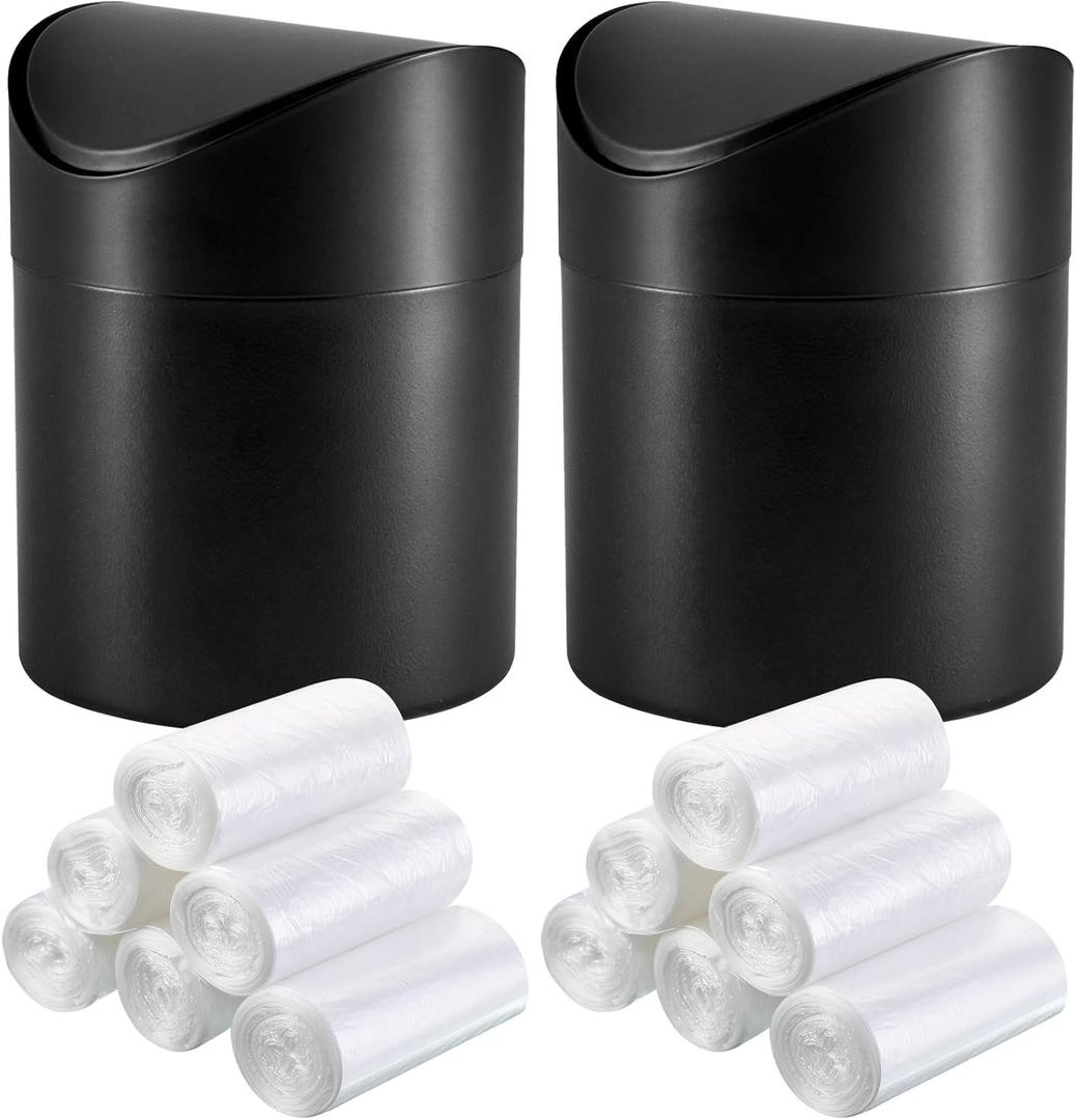 2 Pcs Desk Trash Can with Swing Lids, 12 Rolls of Trash Bags, 2L Brushed Stainless Steel Countertop Garbage Bin Small Wastebasket with Lid for Office Desk, Coffee Table (Black)