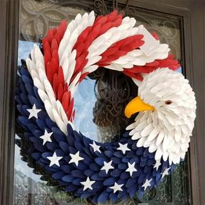 4th of July Hanging Door Sign 2D Memorial Day Wreath Decorations Patriotic Door Hanger American Rustic Wooden Plaque for Wall Front Porch Farmhouse Decor (Eagle Wreath)
