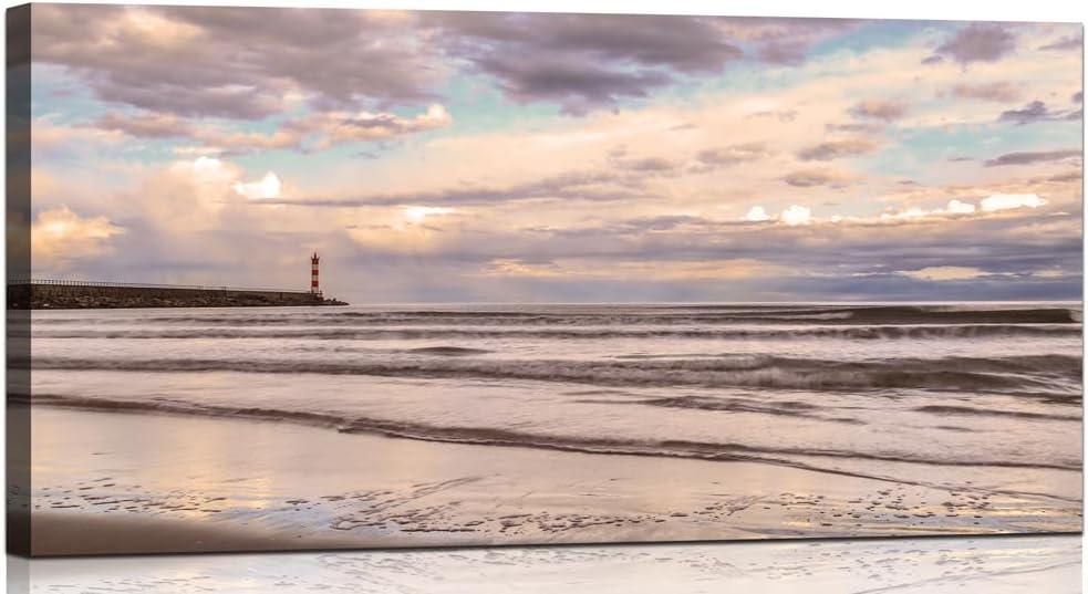 YRYWAWA Beach Canvas Wall Art Lighthouse Wall Art Beach Decor Ocean Seascape Painting Coastal Decor for Living Room, Bedroom, Office 20x40 Inch Waterproof & Ready to Hang