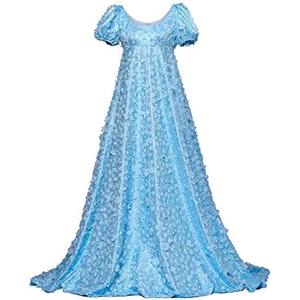 Women's Daphne Basset Dress Regency Dresses Jane Austen Style High Waistline Ruffled Puff Sleeve Long Dress, Medium