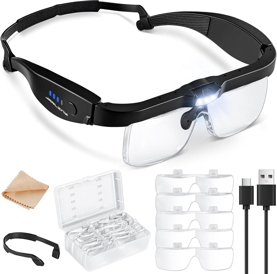 JARLINK Magnifying Glass with Light, Magnifying Glasses with 5 Lenses 0.75-4.0X and 3 LED Lights, Rechargeable Headset Magnifying Glasses for Close Work, Crafts, Reading, Jewelry and Model Makers (Black)