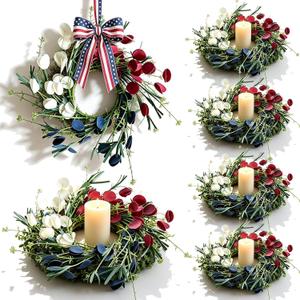 6 Pcs Small 4th of July Candle Ring Wreath with Red Blue Artificial Mini Independence Day Candle Holder Wreath for Patriotic Memorial Day Home Kitchen Front Door Window Porch Table Centerpieces