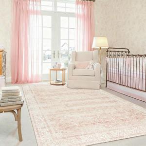 Pink Area Rug 8x10 Low Pile Washable Vintage Large Rugs for Living Room