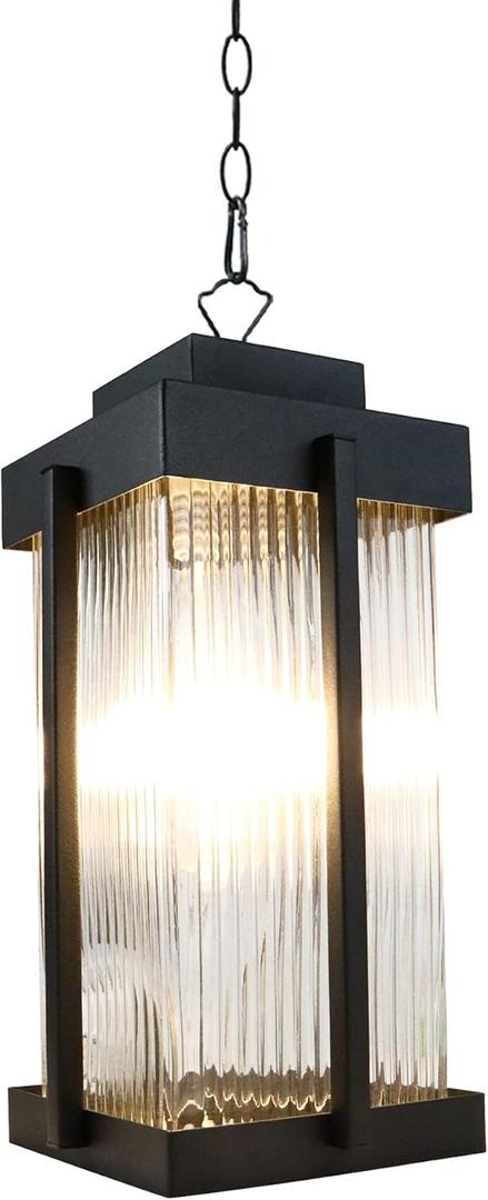 MONKFISH Modern Black Outdoor Pendant Light - Waterproof Hanging Lamp with Striped Glass Shade, Adjustable Chain, Weather-Resistant Porch & Patio Ceiling Fixture