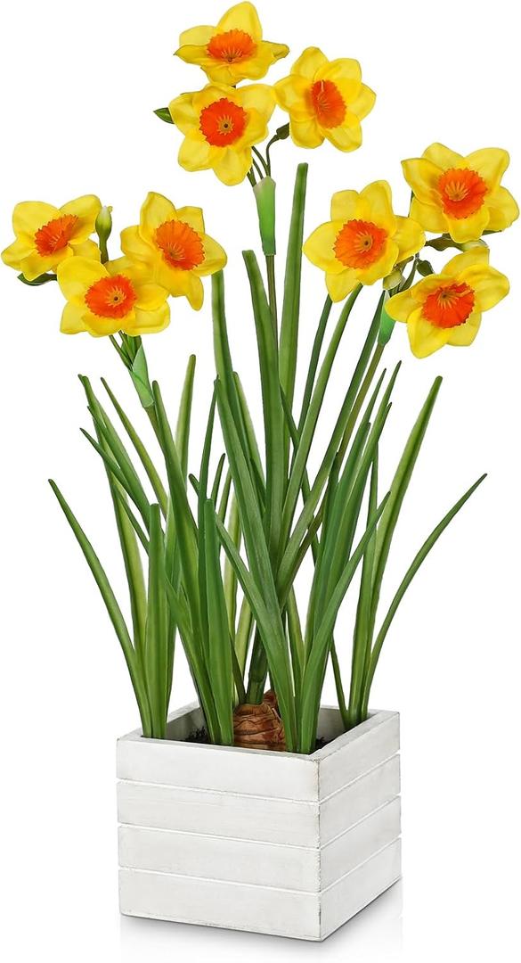 Yellow Daffodils Artificial Flowers In Wood Planter Pot, Small Fake Potted Daffodils Plants Spring Floral Arrangements, Silk Daffodil Faux Spring Flowers for Living Room, Entryway, Bathroom Decor