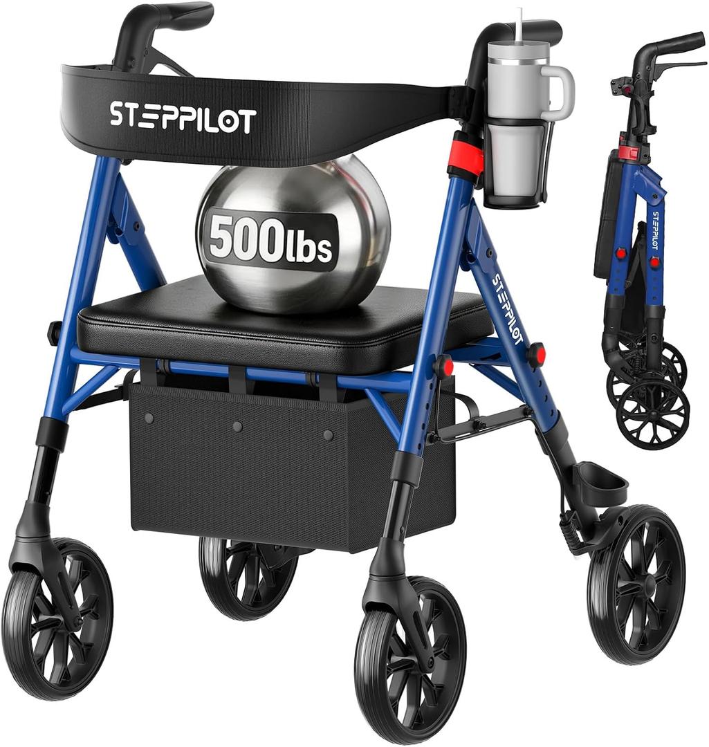 Bariatric Rollator Walker with Seat for Seniors, 500lb Capacity Aluminum Frame, Zero Wobble, 16lb Lightweight, 8" All Terrain Wheels, 10-Level Adjustable Handle/Seat, Cup Holder, Cane Clip