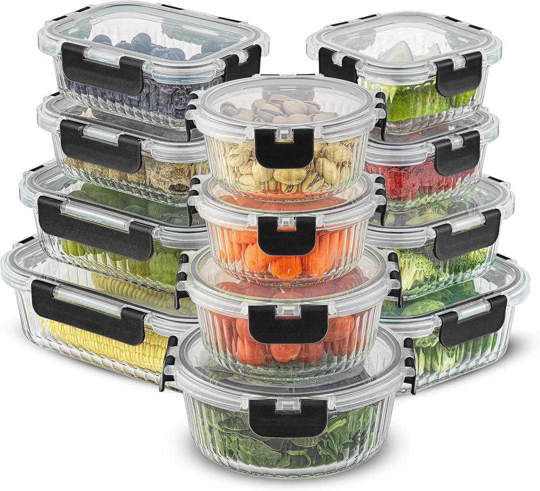 JoyJolt 24pc Borosilicate Glass Storage Containers with Lids | 12 Airtight/Freezer Safe Food Storage Containers for Pantry and Kitchen | Meal Prep Container for Lunch | Glass Tupperware Set (Black)