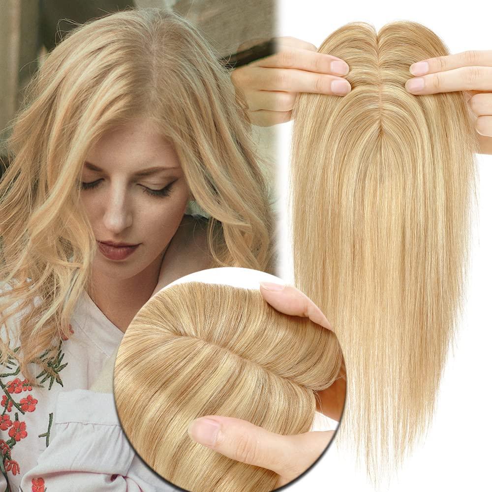 Human Hair Toppers for Women Real Human Hair for Thinning Hair 7 * 13CM Silk Base Hairpieces No Bangs 150% Density Clip in Remy Hair Pieces 10 Inch #18/613 Ash Blonde & Bleach Blonde