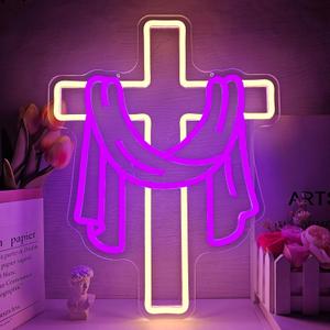 Easter Cross Neon Sign Dimmable Christian Easter Led Sign Jesus Neon Wall Decor Resurrection Light Up Cross Religious neon lights for Home Farmhouse Porch