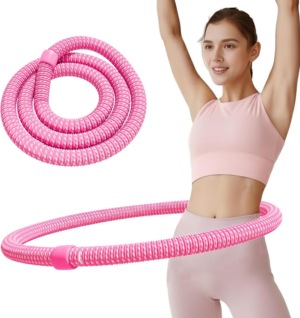 Weighted Soft Spring Hula Hoop for Adults, 3.3 lbs Foldable for Home and Travel, Portable Slimming Fitness Hoop for Weight Loss, Waist-Friendly Design, Upgraded Closed Silent Version (pink)