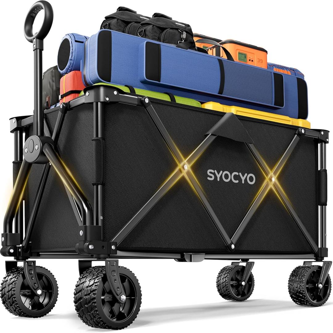 Collapsible Wagon with 420lbs Weight Capacity, Foldable Heavy Duty Beach Wagons with Big All-Terrain Wheels, Carts with Cup Holders for Camping, Garden, Sports, Grocery,Shopping, Black