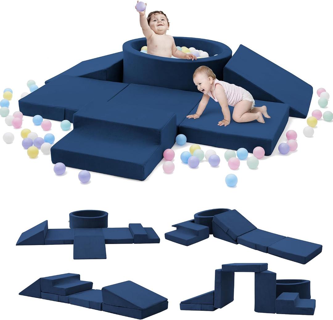 Elftopia Foam Climbing Blocks with Ball Pit & Stairs for Toddlers Aged 1-3 -Soft Playset for Indoor Crawling, Foam Playground Set for Baby to Active Playing Inside -(Balls NOT Included),Navy, 27.56 x 17.71 x 9.84 inches