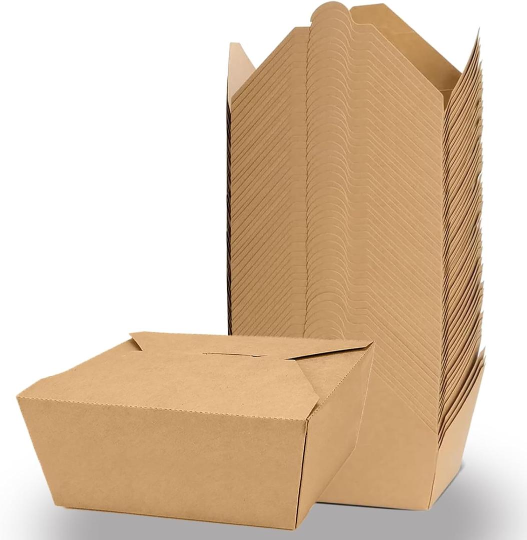 50 Pack 47 oz Large Takeout Food Container, Heavy-duty Microwave Kraft Paper Takeout Box, Leak Proof and Oil Resistant Paper Lunch Box, Cardboard takeout box for Restaurants, Homes, and Gatherings