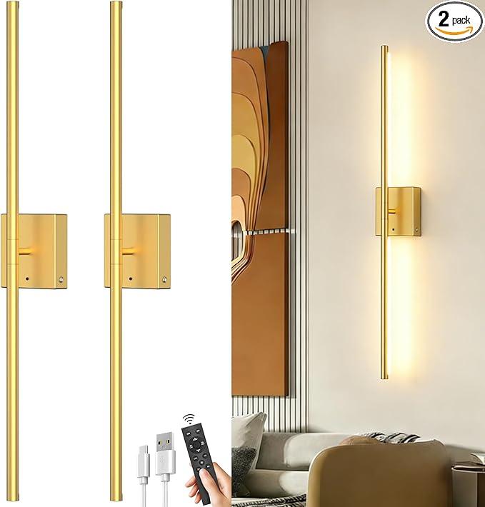 Battery Powered Wall Sconce Set of Two: Gold Wireless Rechargeable Wall Lights with Touch and Remote Control, 360°Rotatable 4CCT Dimmable Cordless Scone Lighting Decor for TV Wall Bedroom Bathroom