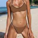 OWICA Women's 2 Piece String Bikini Set Sexy Bathing Suit with Adjustable Halter Neck and Thong Swimwear (Brown), Small