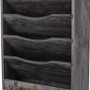 PAG 5-Tier Wall File Holder Hanging Mail Organizer Wood Magazine Literature Rack with 6 Hooks, Dark Gray